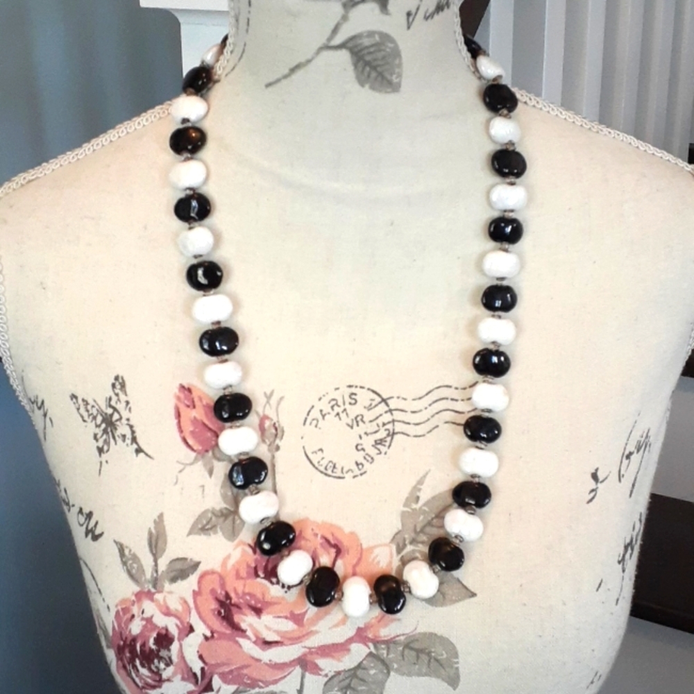 & Vintage mod black & white glass bead Statement Necklace